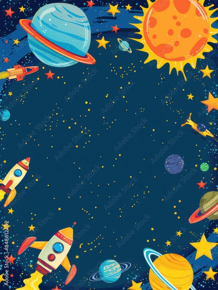 Template featuring a border with stars, planets, and spaceships, perfect for space exploration themes Template featuring a border with stars, planets, and spaceships, perfect for space exploration themes