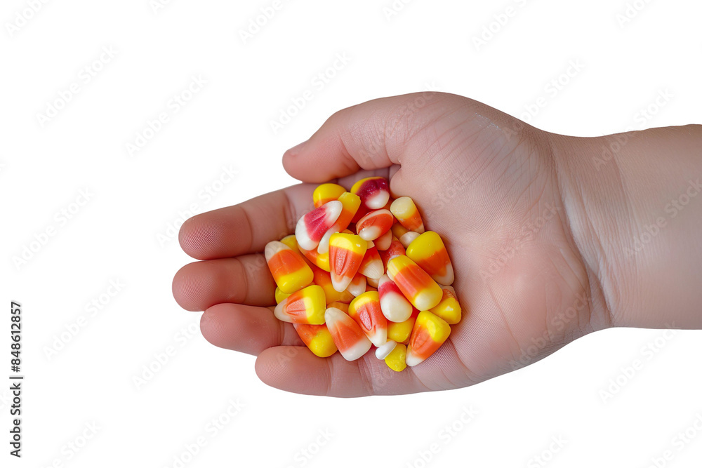 A young child's hand holds Halloween corn candy on transparent background A young child's hand holds Halloween corn candy on transparent background