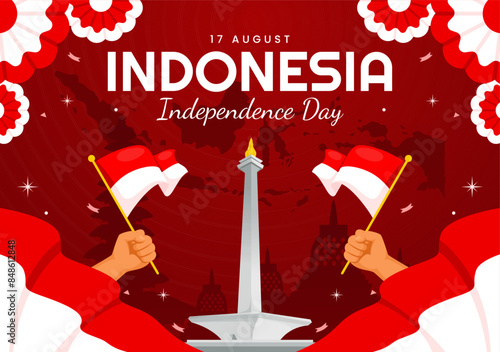 Indonesia Independence Day Vector illustration celebrating 17th August with the Indonesian Flag Raising the Red and White in a Flat Cartoon Background