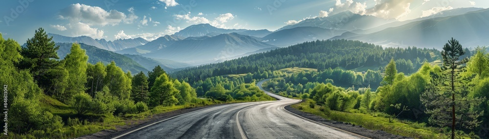 Serene Mountain Road with Lush Greenery and Majestic Peaks Under a Clear Blue Sky on a Sunny Day Serene Mountain Road with Lush Greenery and Majestic Peaks Under a Clear Blue Sky on a Sunny Day