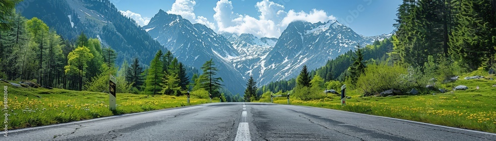 Scenic Mountain Road with Lush Greenery and Snow-Capped Peaks Under a Clear Blue Sky in Summer Scenic Mountain Road with Lush Greenery and Snow-Capped Peaks Under a Clear Blue Sky in Summer