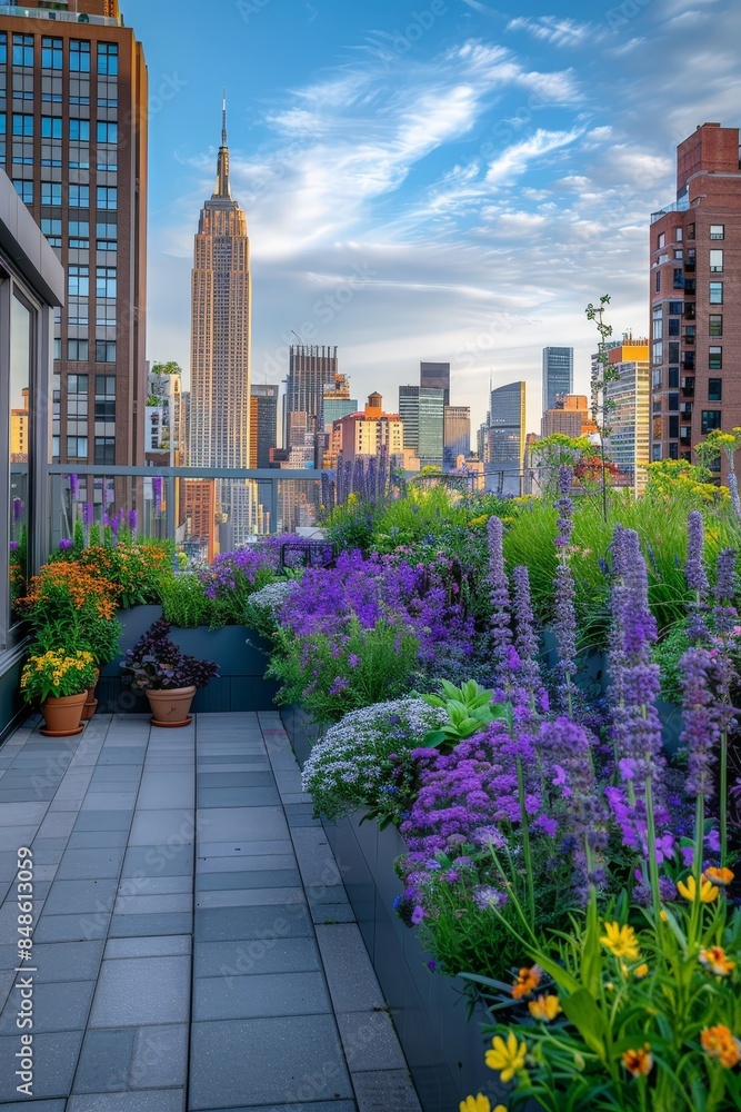 Urban Rooftop Garden with Colorful Flowers and City Skyline View Featuring Iconic Skyscrapers and Modern Architecture on a Clear Day Urban Rooftop Garden with Colorful Flowers and City Skyline View Featuring Iconic Skyscrapers and Modern Architecture on a Clear Day