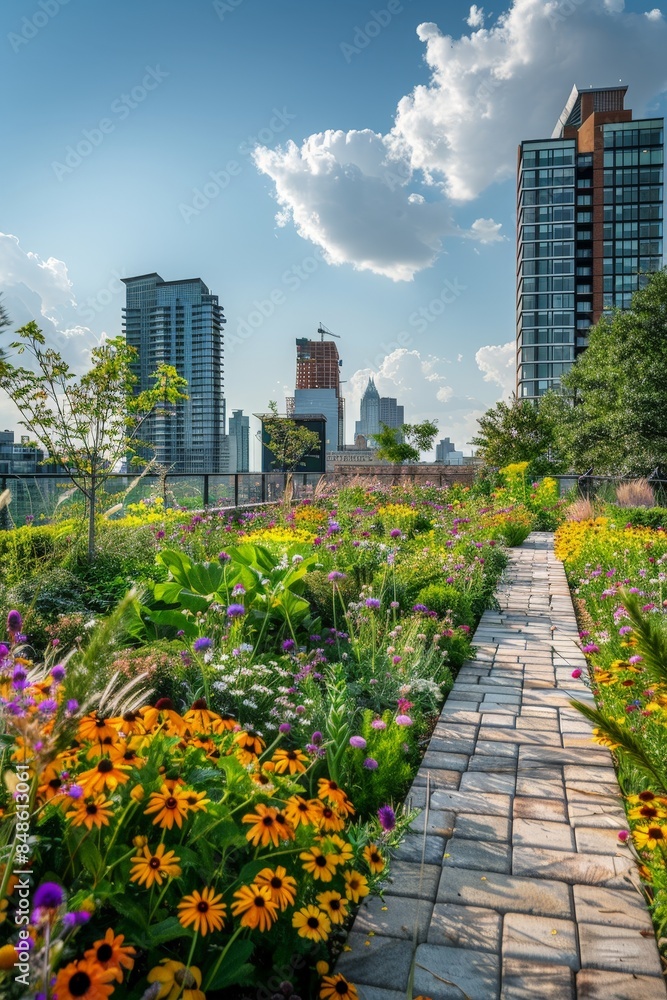 Fototapeta premium Urban Rooftop Garden with Vibrant Flowers and Modern Cityscape in the Background on a Sunny Day