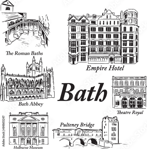 Bath English landmarks ink illustration. Roman Baths, Pulteney, Bath Abbey tourist attractions vector drawing. Europe old Roman, Victorian architecture places sketches. Black and white minimal style. 