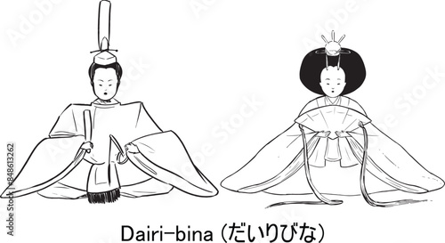 Hina Dolls line illustration. Dairi bina royal couple dolls for Doll's Festival. Minimal simple line drawing. Emperor and empress sketch. Japaneses traditional festival. Japan toys for kids.