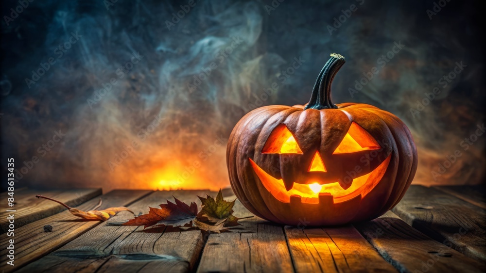 Naklejka premium Eerie ambiance surrounds a solitary jack-o'-lantern on a wooden table, its glowing eyes amidst a carved sinister grin, against a dark ominous backdrop.