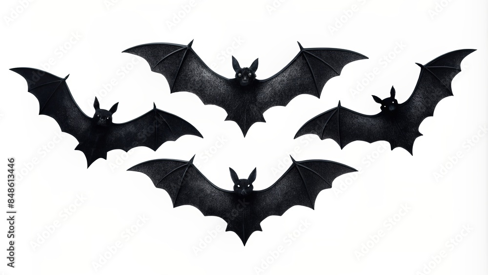 Spooky silhouette of three flying bats against a pure white background, perfect for eerie halloween decorations, party themes, or dark autumn-inspired designs. Spooky silhouette of three flying bats against a pure white background, perfect for eerie halloween decorations, party themes, or dark autumn-inspired designs.