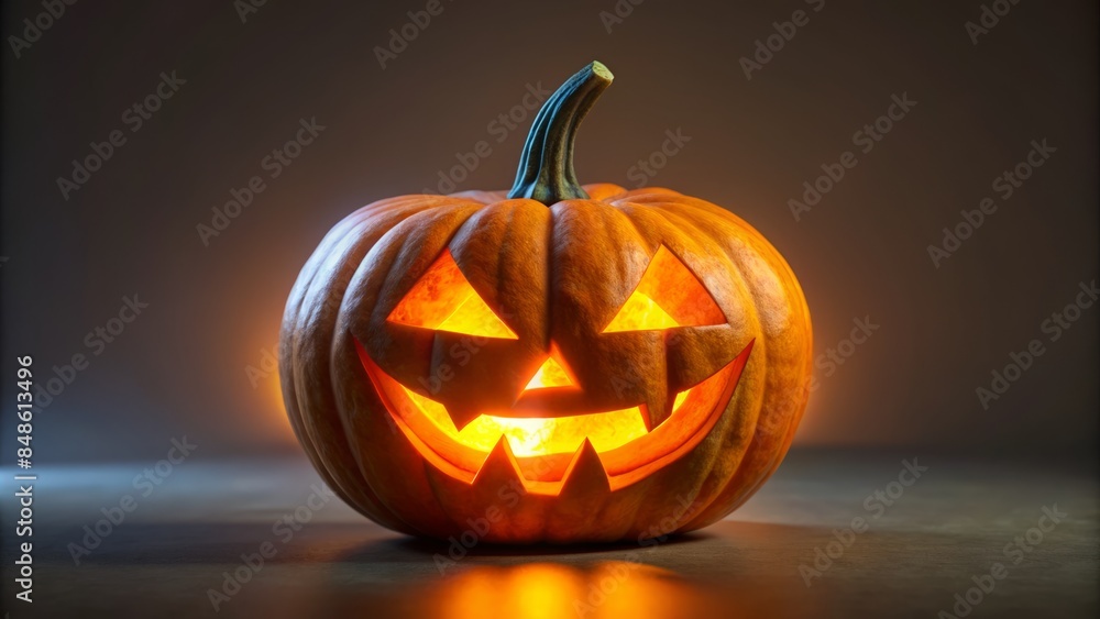 A solitary, intricately carved, orange jack-o-lantern pumpkin sits isolated on a transparent background, illuminated from within, casting an eerie autumnal ambiance. A solitary, intricately carved, orange jack-o-lantern pumpkin sits isolated on a transparent background, illuminated from within, casting an eerie autumnal ambiance.