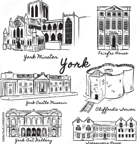 York tourist attractions ink illustrations. Famous historical spots in England sketches. York Minster, Museum, Fairfax house, art gallery vector drawings. Victorian, medieval, ancient architecture. 