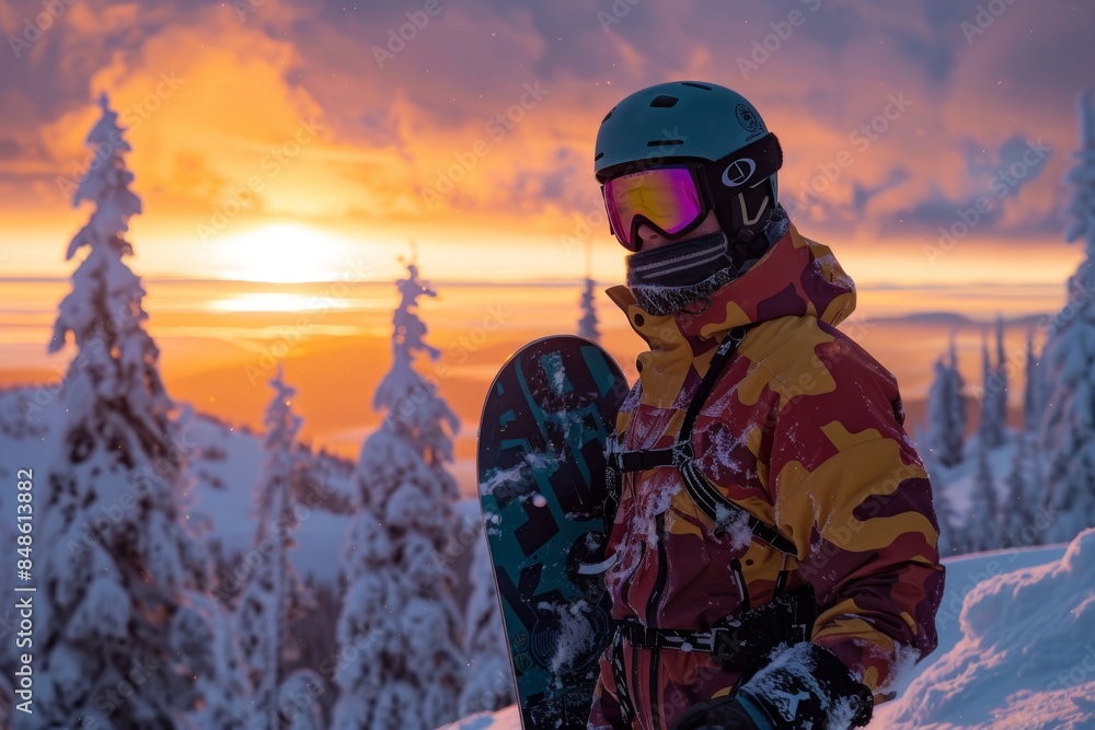 A snowboarder in colorful gear against a snowy landscape at sunset A snowboarder in colorful gear against a snowy landscape at sunset