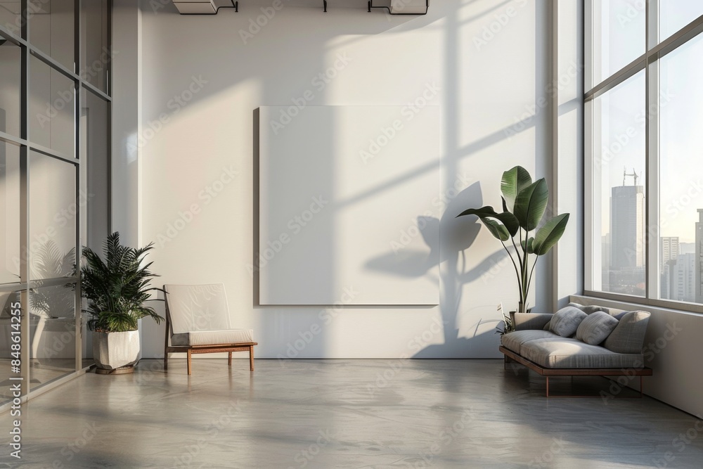 Mockup of blank wall with poster in office room created with Generative AI Mockup of blank wall with poster in office room created with Generative AI