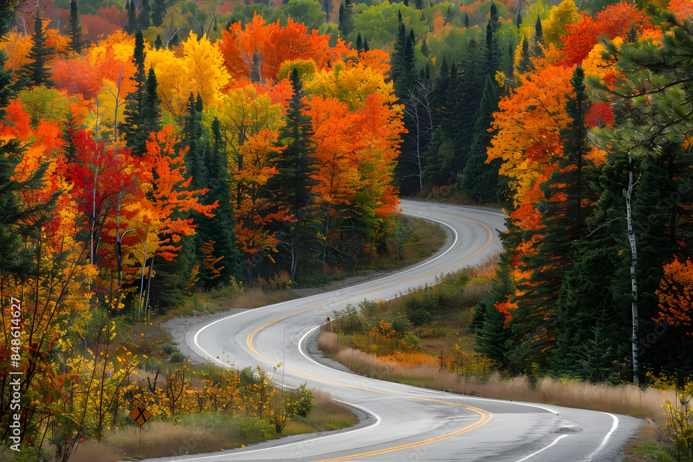 A Winding Road Through a Forest in Fall A Winding Road Through a Forest in Fall