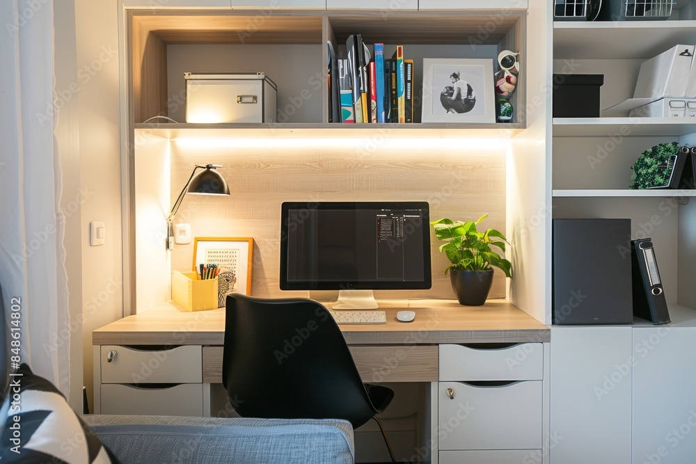 A small but functional study nook with a desk, chair, and plenty of storage A small but functional study nook with a desk, chair, and plenty of storage