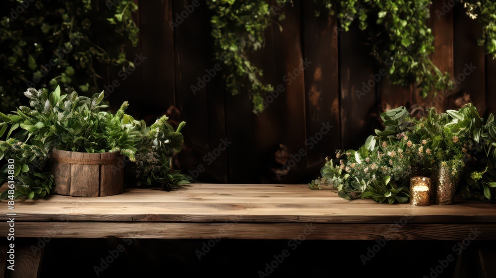 Inviting wooden table in a garden setting, perfect for outdoor events, greenery and festive decor, ideal for text or product display Inviting wooden table in a garden setting, perfect for outdoor events, greenery and festive decor, ideal for text or product display