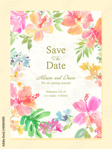 A vector illustration of abstract hibiscus and tropical foliage for invitations, painted in watercolor