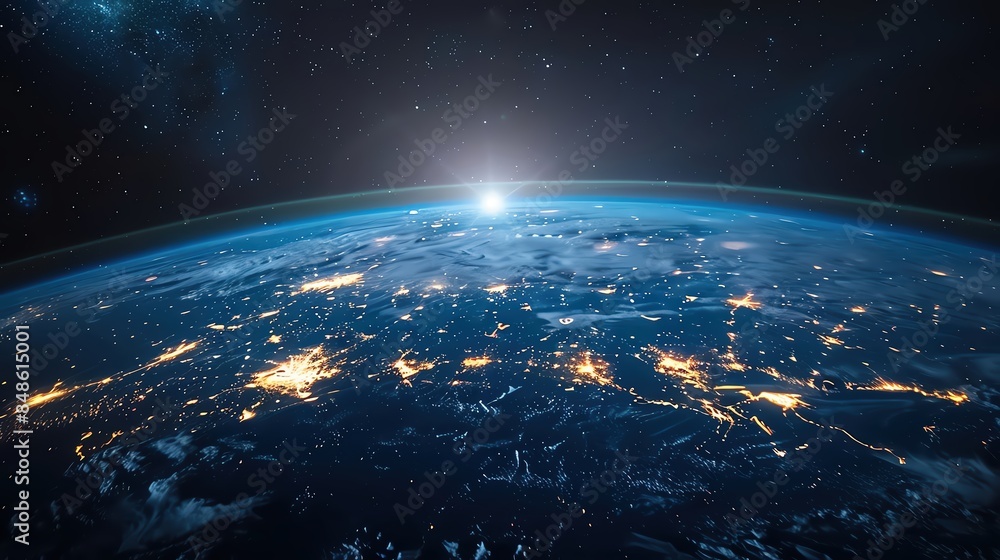 Fototapeta premium A digitally rendered image of the Earth at night showcasing a glowing network of connections and lights across continents on a dark background