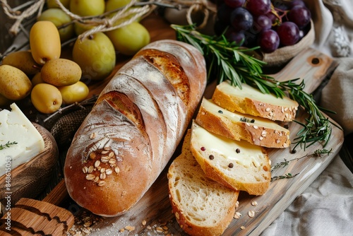 A rustic breadboard with freshly baked bread, cheese, and fruit photo