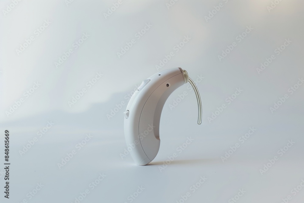 A modern hearing aid on a white background, showcasing its sleek design A modern hearing aid on a white background, showcasing its sleek design