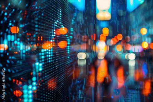 Abstract stock market display screen background with city street lights blur effect. Financial and business concept.