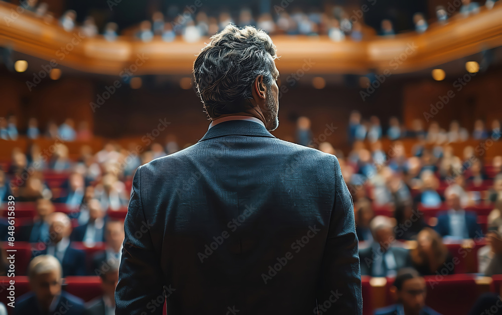 Business professional attending a conference in a crowded auditorium, viewed from behind, wearing a suit Business professional attending a conference in a crowded auditorium, viewed from behind, wearing a suit