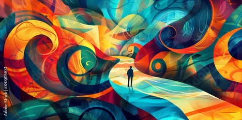 Crossroads of choice and adventure. Person standing at a vibrant, swirling path intersection