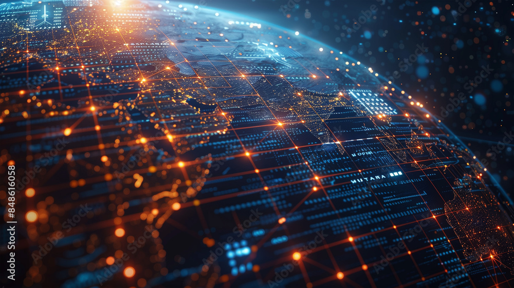 Global telecommunication network, nodes connected around earth, internet, worldwide communication Global telecommunication network, nodes connected around earth, internet, worldwide communication