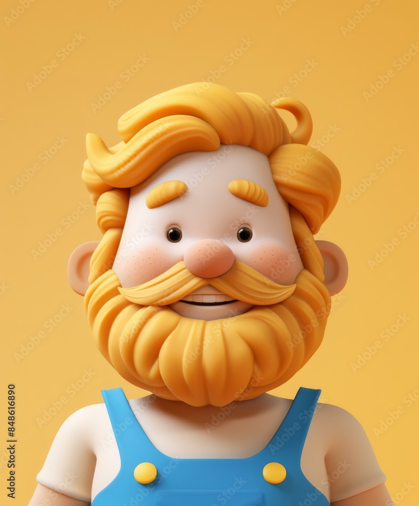 Naklejka premium 3D rendering of a friendly cartoon man with a beard wearing blue overalls. AI.