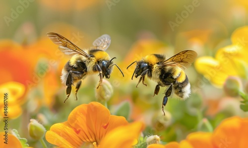 Two bumblebees flying around orange flowers. AI. © serg3d
