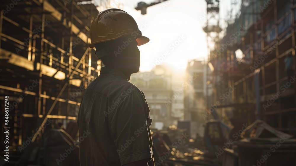 Construction Worker Silhouetted Against Golden Sunset Construction Worker Silhouetted Against Golden Sunset