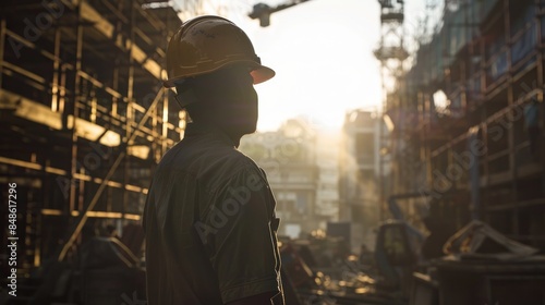 Construction Worker Silhouetted Against Golden Sunset