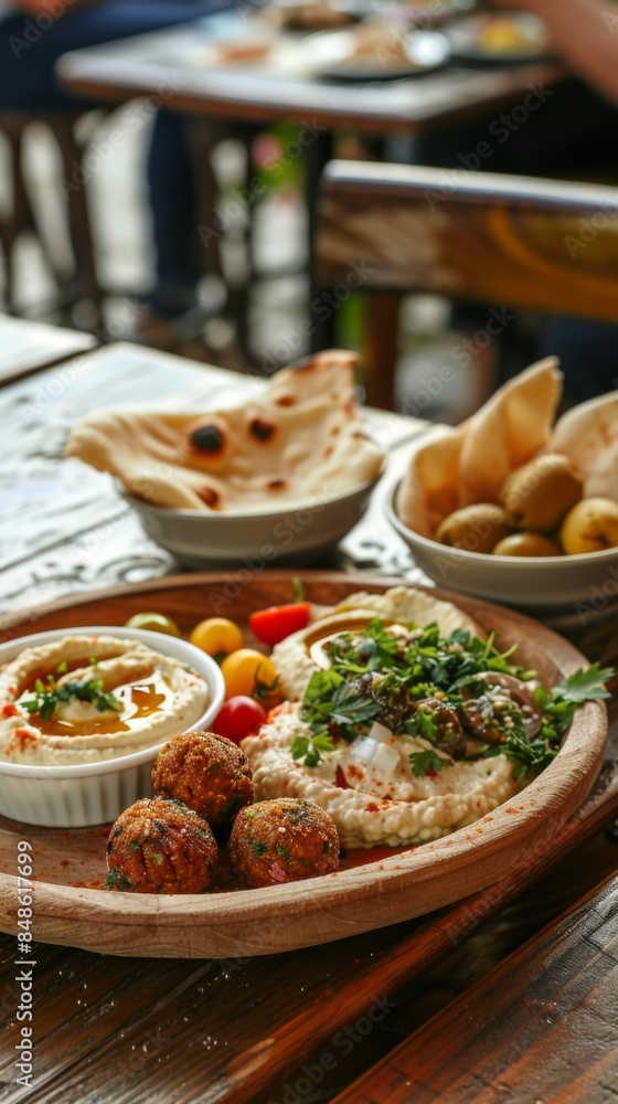 Middle Eastern Mezze Platter with Hummus, Falafel, and Flatbread for Culinary Advertising Middle Eastern Mezze Platter with Hummus, Falafel, and Flatbread for Culinary Advertising