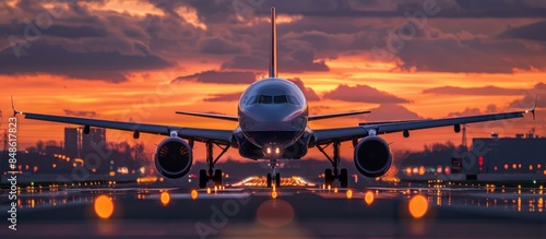 Plane taking off into the sunset. AI. photo