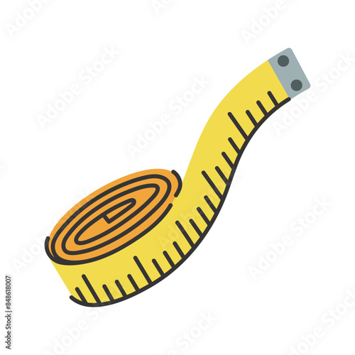 Rolled measuring tape vector icon. Metric ribbon with a scale of centimeters, meters. Long yellow tool for sewing, fitness, tailoring. Professional equipment. Hand drawn doodle isolated on white