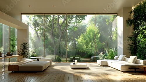 a spacious modern living room with white furniture and a large window offering a view of green trees 