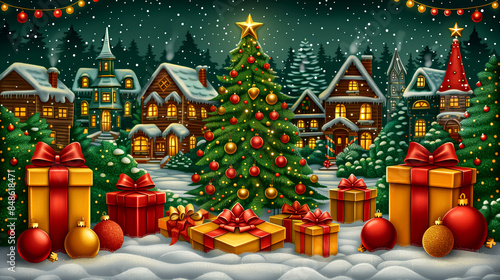 A Christmas scene with a large tree and several boxes of gifts. Scene is festive and joyful © Bonya Sharp Claw