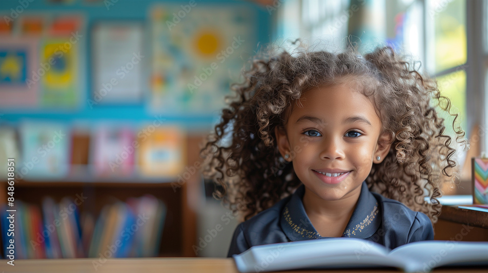 A curly-haired African-American girl reads a book in kindergarten. A curly-haired African-American girl reads a book in kindergarten.