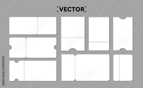Set of blank ticket templates. Realistic cardboard coupons collection with borders of different shapes on empty tickets template, voucher for theatre or cinema seats, boarding airplane. Vector