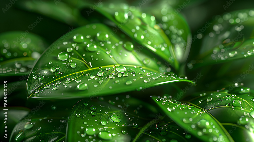 A close up of a leaf with water droplets on it. The leaf is green and he is fresh and healthy. The water droplets on the leaf give the impression of a natural, calming effect A close up of a leaf with water droplets on it. The leaf is green and he is fresh and healthy. The water droplets on the leaf give the impression of a natural, calming effect