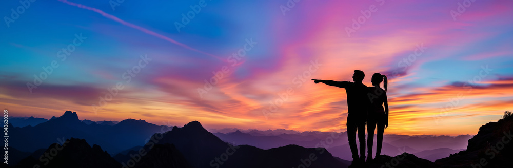 A couple standing on top of a mountain, pointing