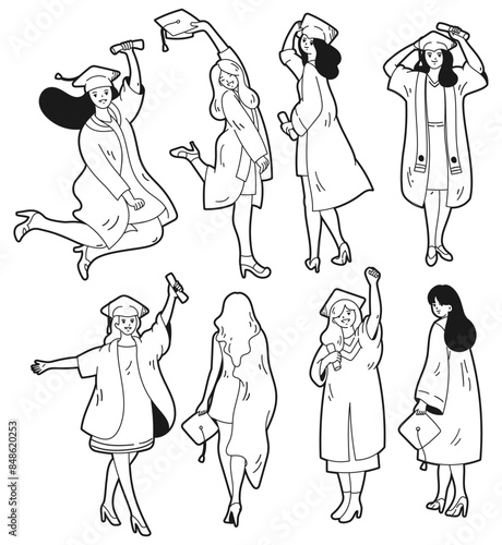 Group of People Graduates Celebrating Graduation Day Cartoon Illustration