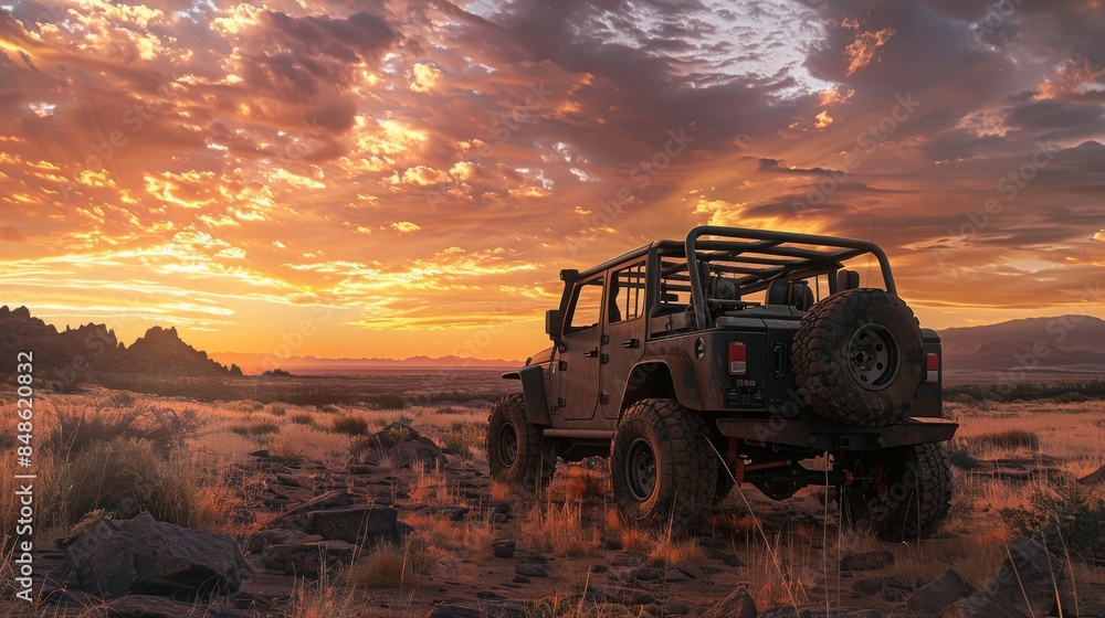 Rugged Off-Road Vehicle Parked in Desert Landscape at Dusk Highlighting Adventure and Exploration Rugged Off-Road Vehicle Parked in Desert Landscape at Dusk Highlighting Adventure and Exploration