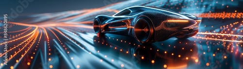 Futuristic Electric Sports Car on a High-Tech Road with Glowing Lights and Digital Patterns in a Sci-Fi Setting