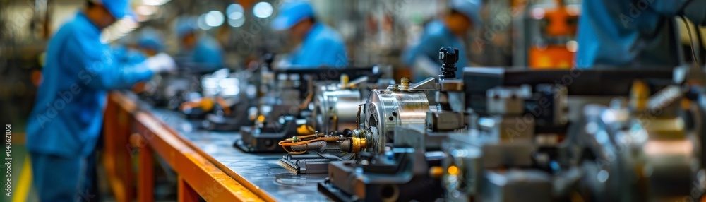Fototapeta premium Industrial Manufacturing Line with Workers in Blue Uniforms Operating Machinery in a Modern Factory Setting