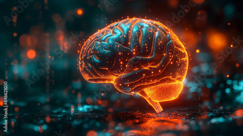 3D rendering of a glowing human brain with electrical impulses. photo