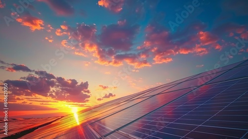 Solar Panels on Rooftop at Sunset Capturing Sustainable Energy Solutions photo
