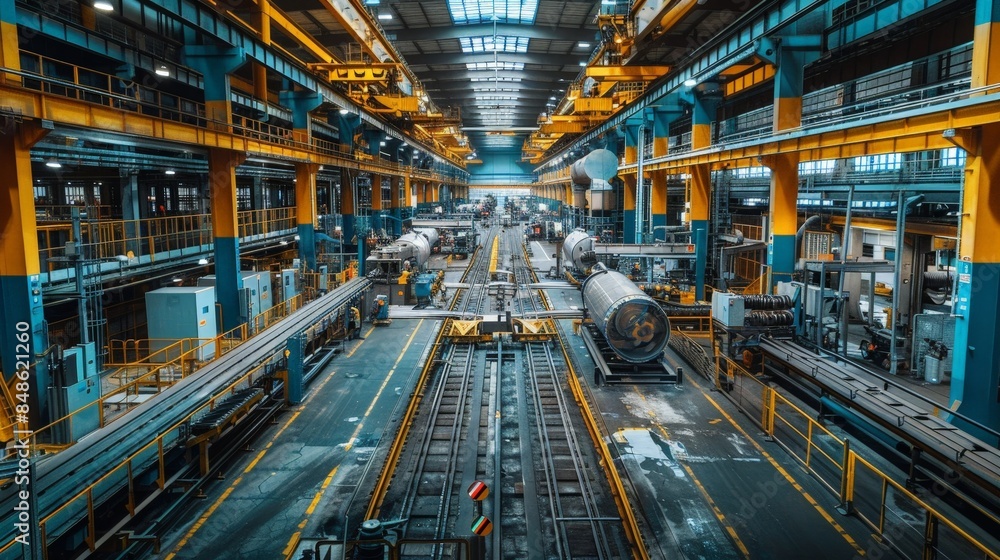 Modern Industrial Factory Interior with Advanced Machinery and Equipment in a Large Warehouse Setting Modern Industrial Factory Interior with Advanced Machinery and Equipment in a Large Warehouse Setting