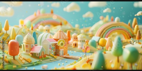  Tiny cute isometric A beautiful rainbow village morning scene. Sunlight shines on the golden wheat field and dozens of small animals are busy. Describe the rainbow village morning scene, 2:1 © rajagambar99