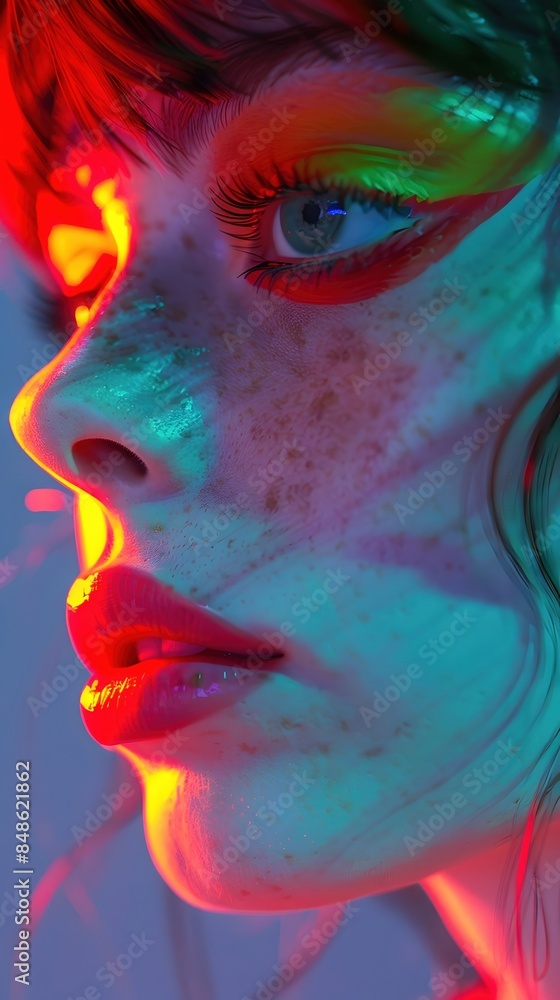 Fototapeta premium Captivating Close-Up of Non-Binary Portrait with Vibrant Makeup and Avant-Garde Aesthetic