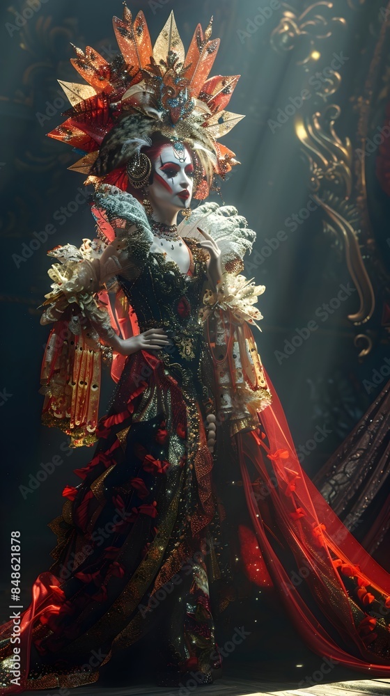 Fototapeta premium Captivating Drag Queen Performance on Stage with Fantastical Costume and Theatrical Lighting