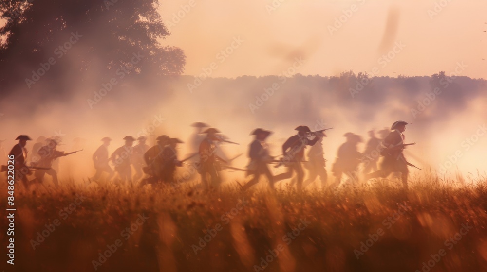 Hazy image of Revolutionary War soldiers charging through a field in reenactment. Hazy image of Revolutionary War soldiers charging through a field in reenactment.